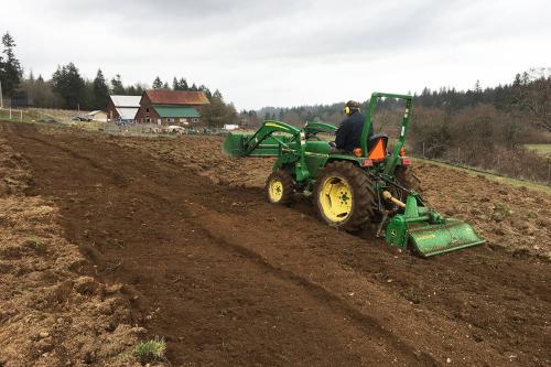Rototilling new field at Cline Agri-health Centre in Nanaimo. (Vancouver Island University photo) VIU Horticulture, Nanaimo Foodshare, Vegetables, Community, Growing