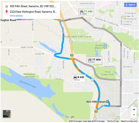 map from 900 5th Street Nanaimo BC to 2324 East Wellington Rd nanaimo BC