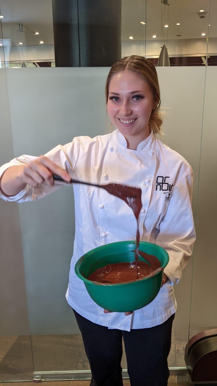 grace with a bowl of chocolate at Cacao Barry
